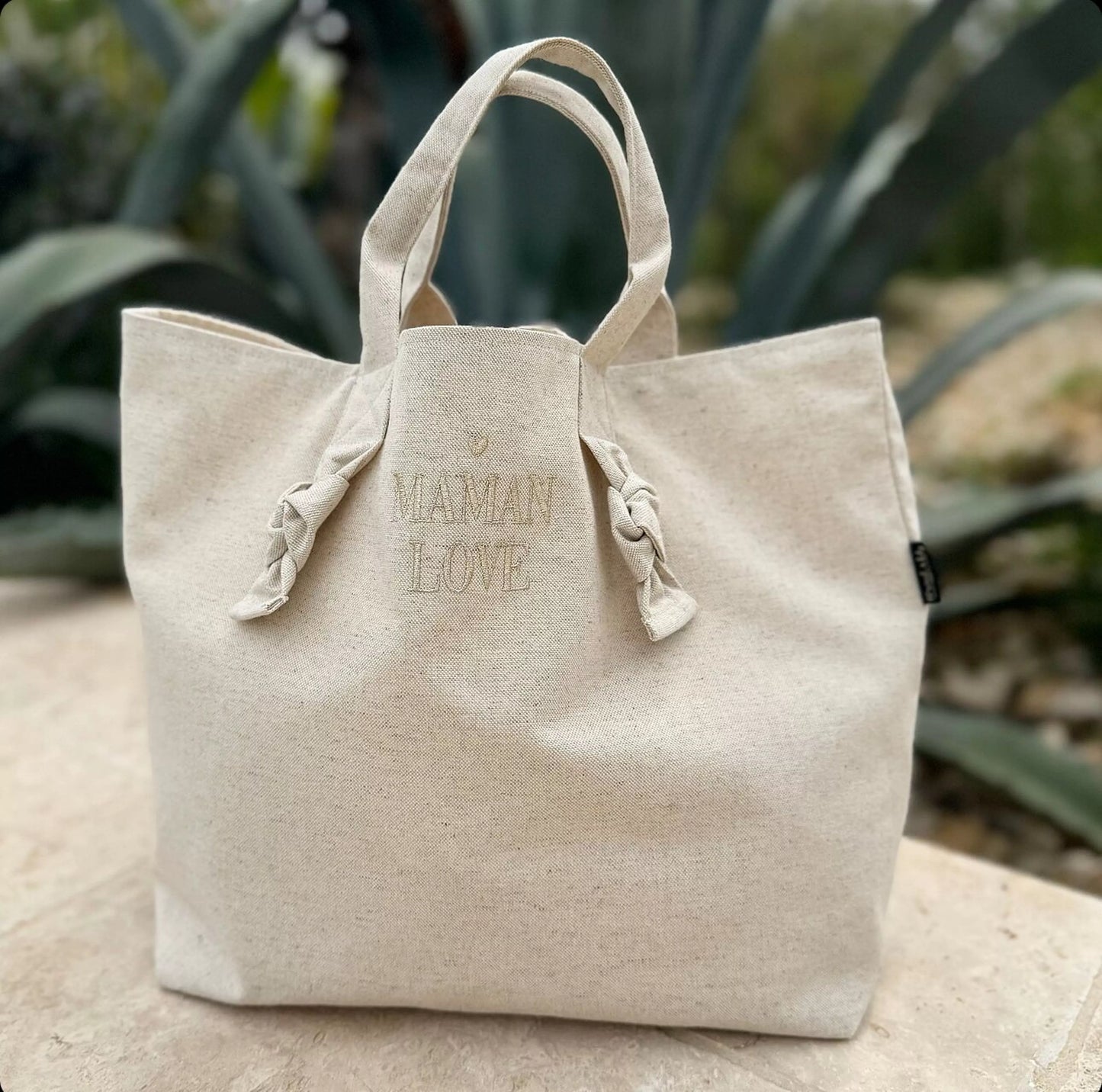 City Bag coton - Brodé maman love - sable