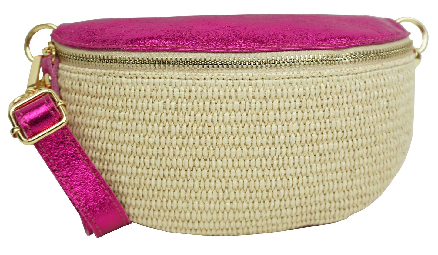 Sac banane en raphia garni cuir Julie 53004-4
