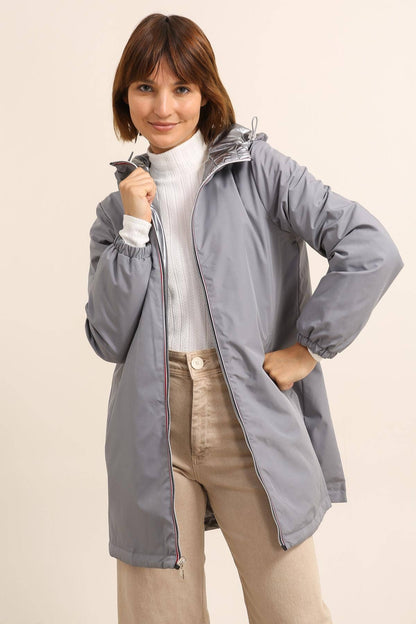 Veste coupe-vent imperméable réversible mi-longue à capuche