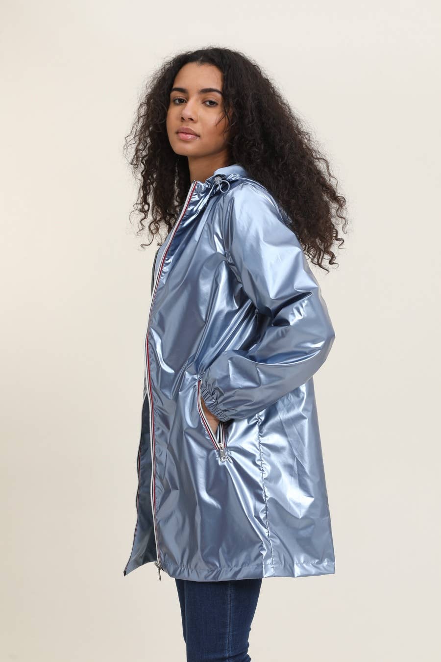 Veste coupe-vent imperméable réversible mi-longue à capuche