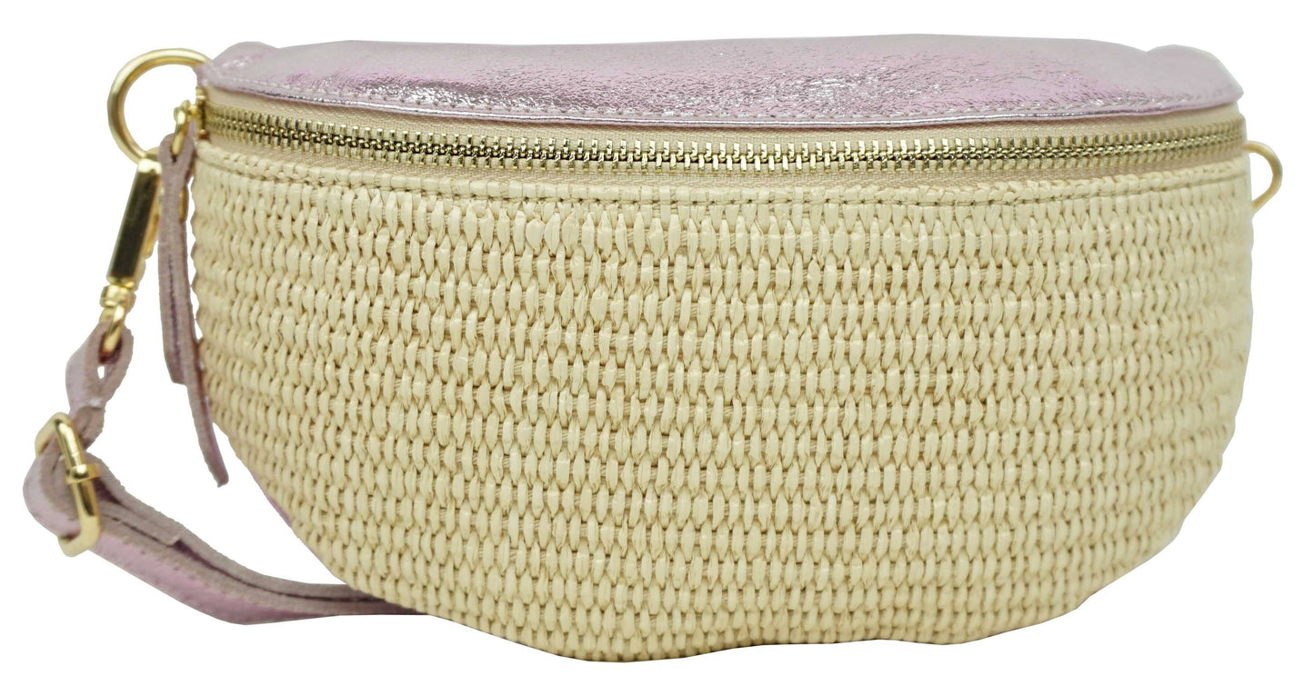 Sac banane en raphia garni cuir Julie 53004-4