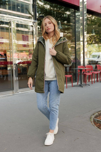 Veste coupe-vent imperméable réversible mi-longue à capuche