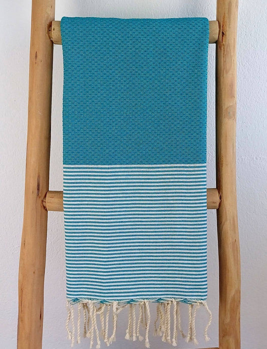 Fouta nid d'abeille Onda Bleu paon 100% coton