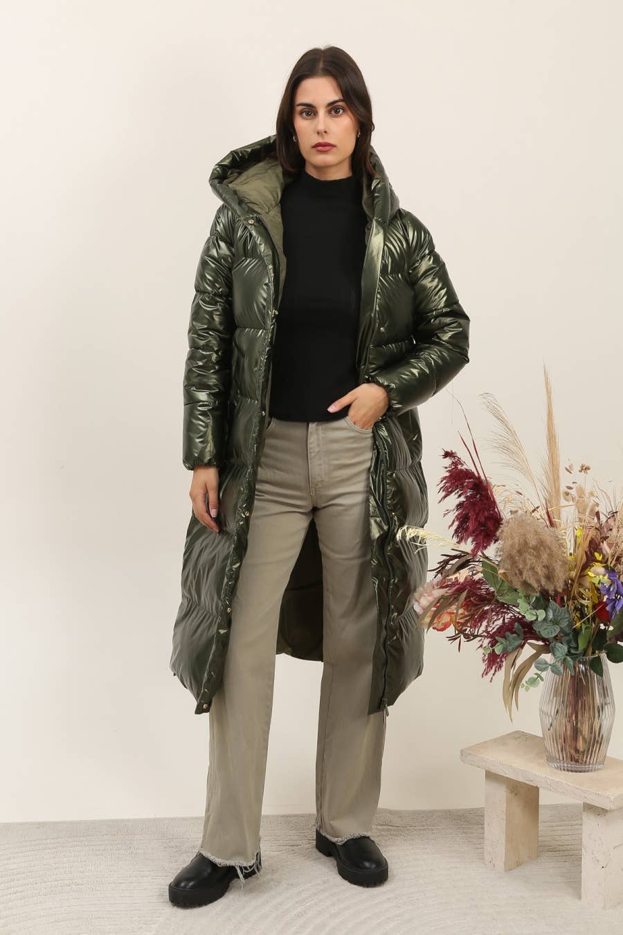 Doudoune extra longue avec capuche métallisée