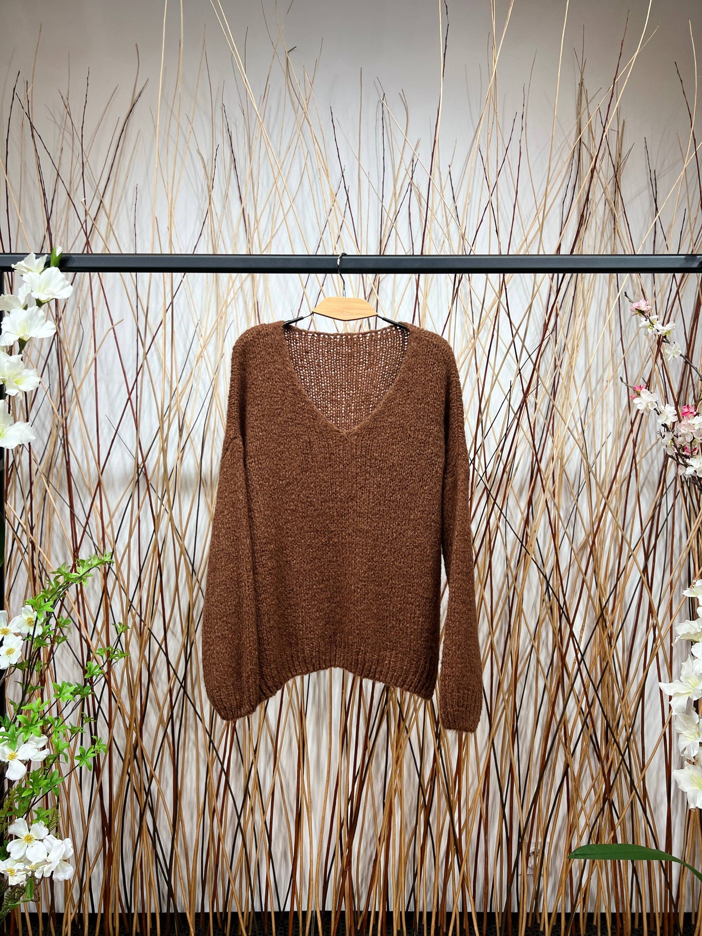 Pull Maille Large Col V Dégagé Manche Longue 20% Mohair