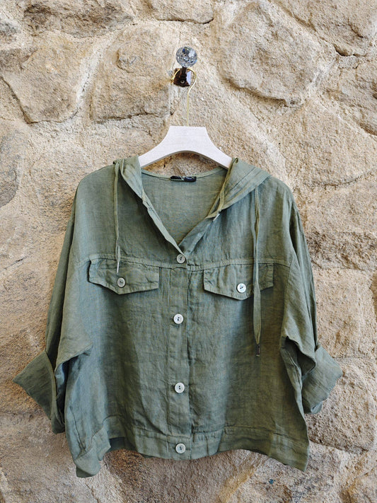 Réf-224150 BLOUSE À CAPUCHE LIN 100%: KAKI