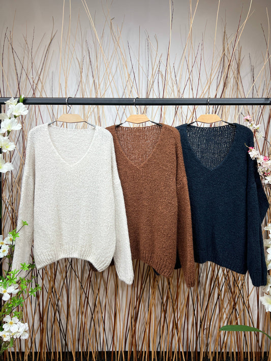 Pull Maille Large Col V Dégagé Manche Longue 20% Mohair