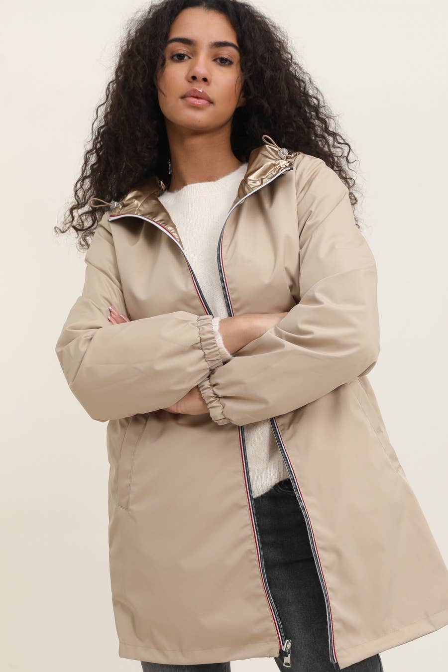 Veste coupe-vent imperméable réversible mi-longue à capuche