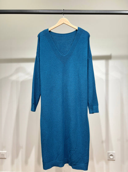 Robe Pull Maille Fine Bord-Côtes Côtelé Col V