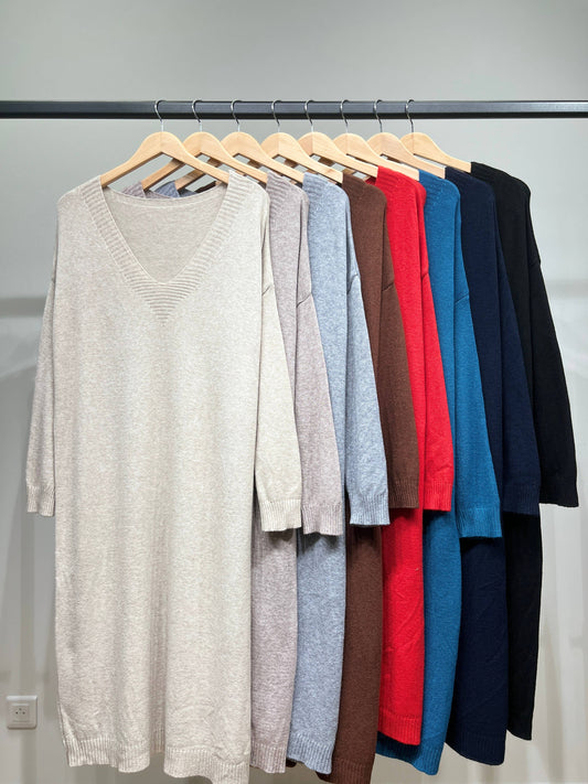 Robe Pull Maille Fine Bord-Côtes Côtelé Col V