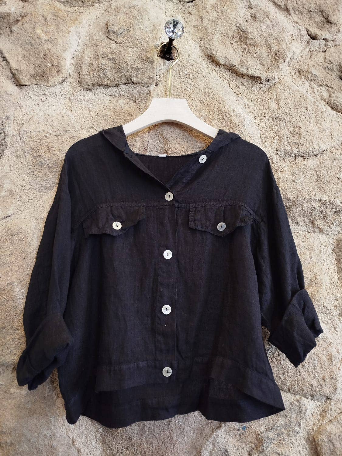 Réf-224150 BLOUSE À CAPUCHE LIN 100%: Blanco