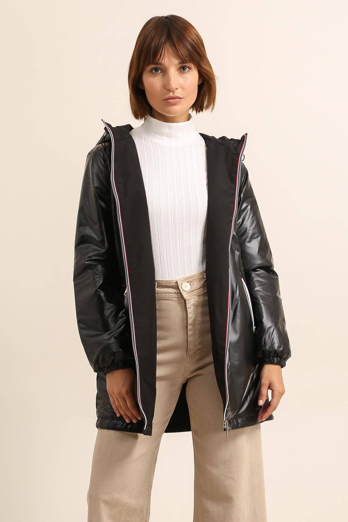 Veste coupe-vent imperméable réversible mi-longue à capuche