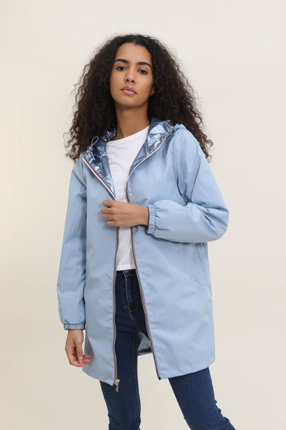 Veste coupe-vent imperméable réversible mi-longue à capuche