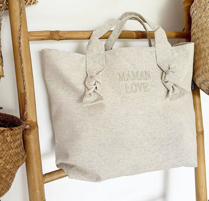 City Bag coton - Brodé maman love - sable