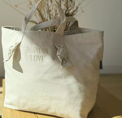 City Bag coton - Brodé maman love - sable