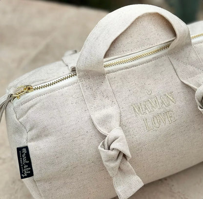 Mini sac polochon XXS brodé "Maman love" - coton - sable
