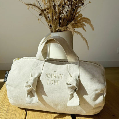Mini sac polochon XXS brodé "Maman love" - coton - sable