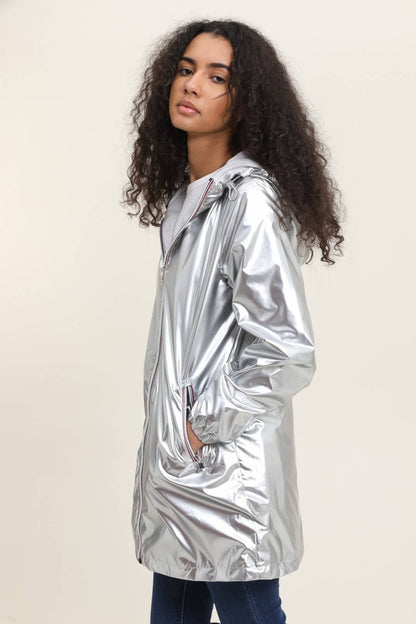 Veste coupe-vent imperméable réversible mi-longue à capuche