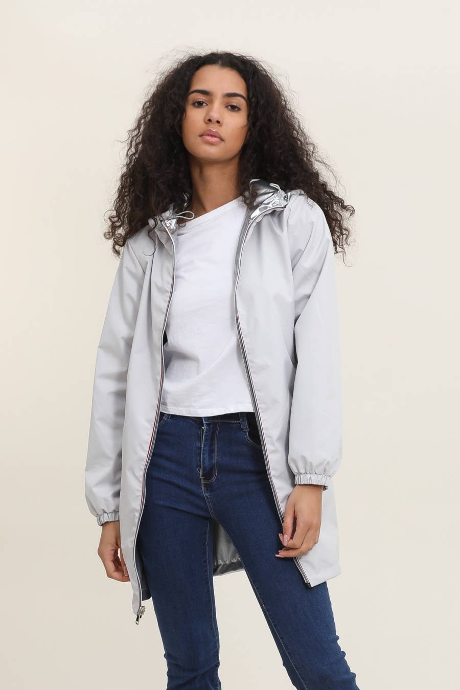 Veste coupe-vent imperméable réversible mi-longue à capuche