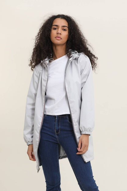 Veste coupe-vent imperméable réversible mi-longue à capuche