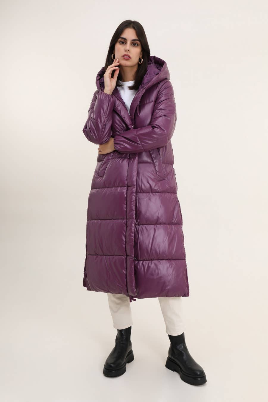 Doudoune extra longue avec capuche métallisée