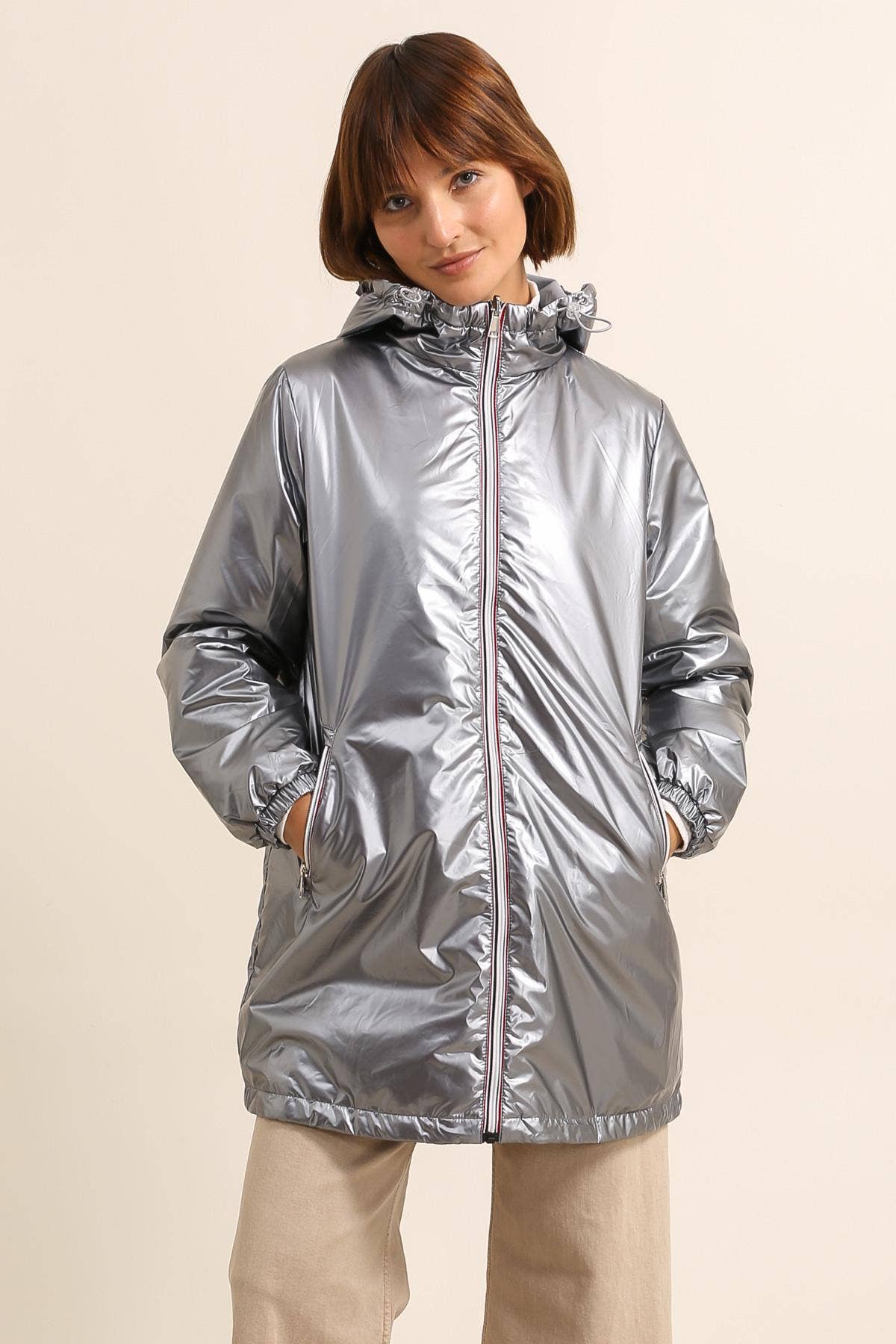 Veste coupe-vent imperméable réversible mi-longue à capuche