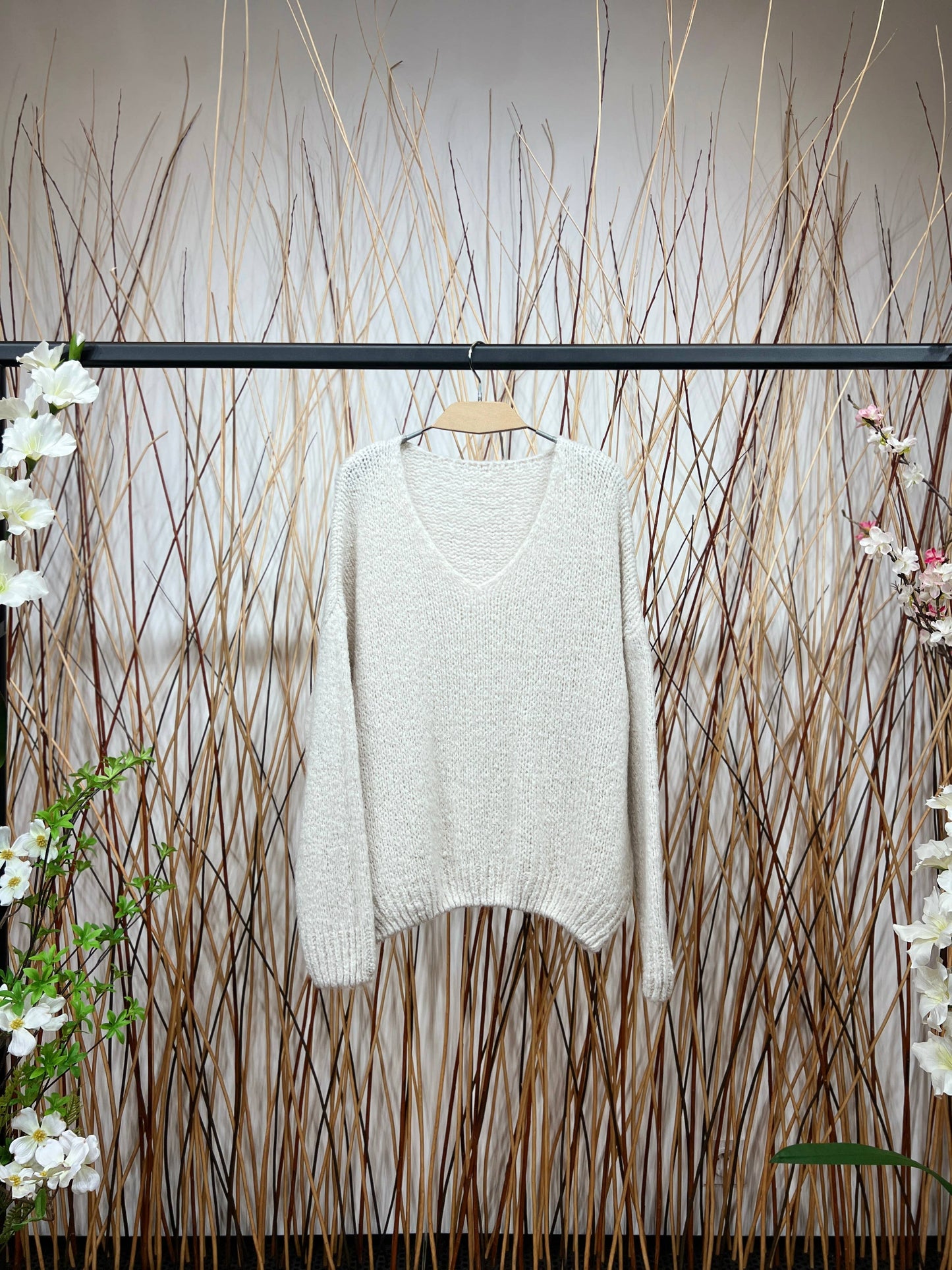 Pull Maille Large Col V Dégagé Manche Longue 20% Mohair