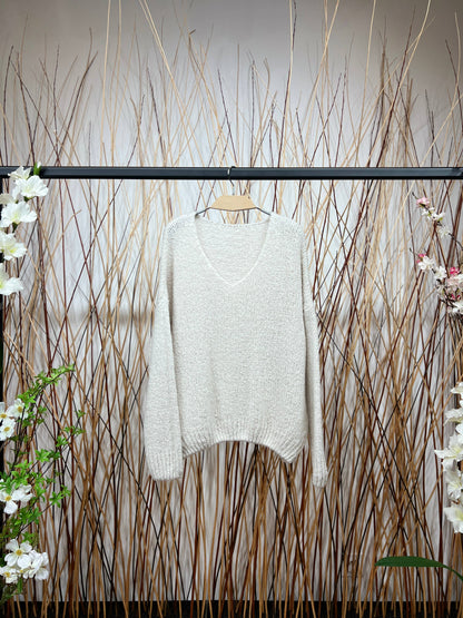 Pull Maille Large Col V Dégagé Manche Longue 20% Mohair