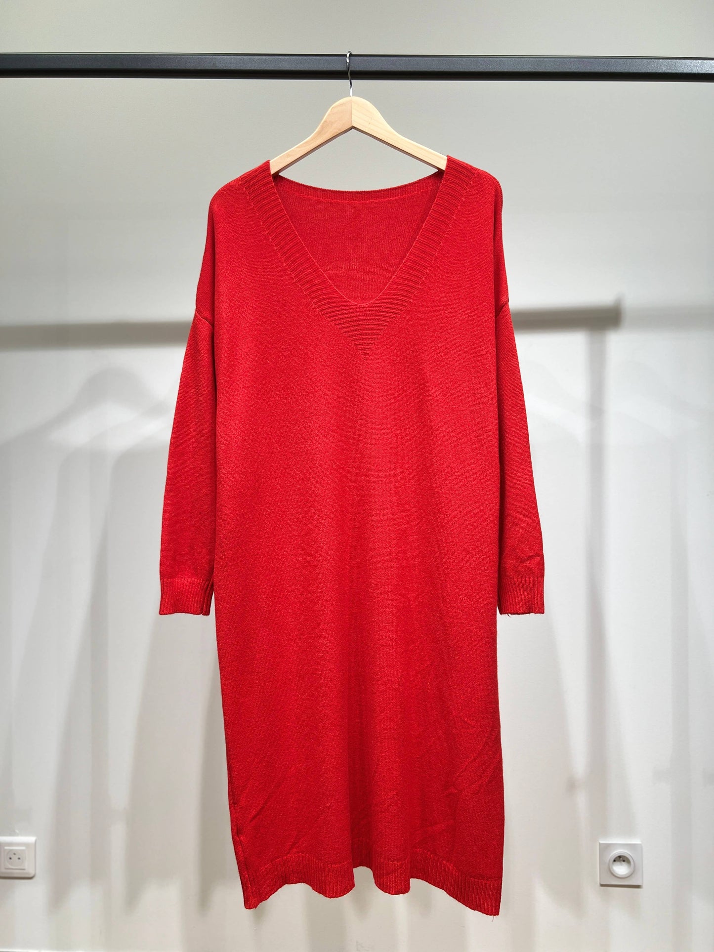 Robe Pull Maille Fine Bord-Côtes Côtelé Col V