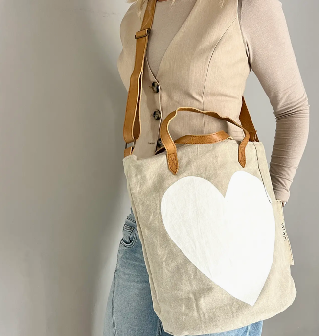 BucketBag cœur blanc (toile légère vintage) NOUVEAU