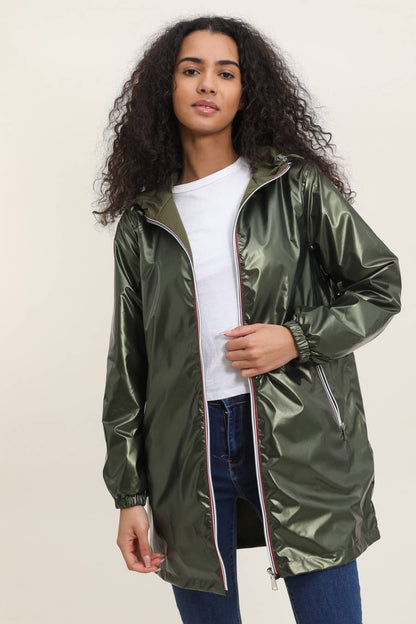 Veste coupe-vent imperméable réversible mi-longue à capuche