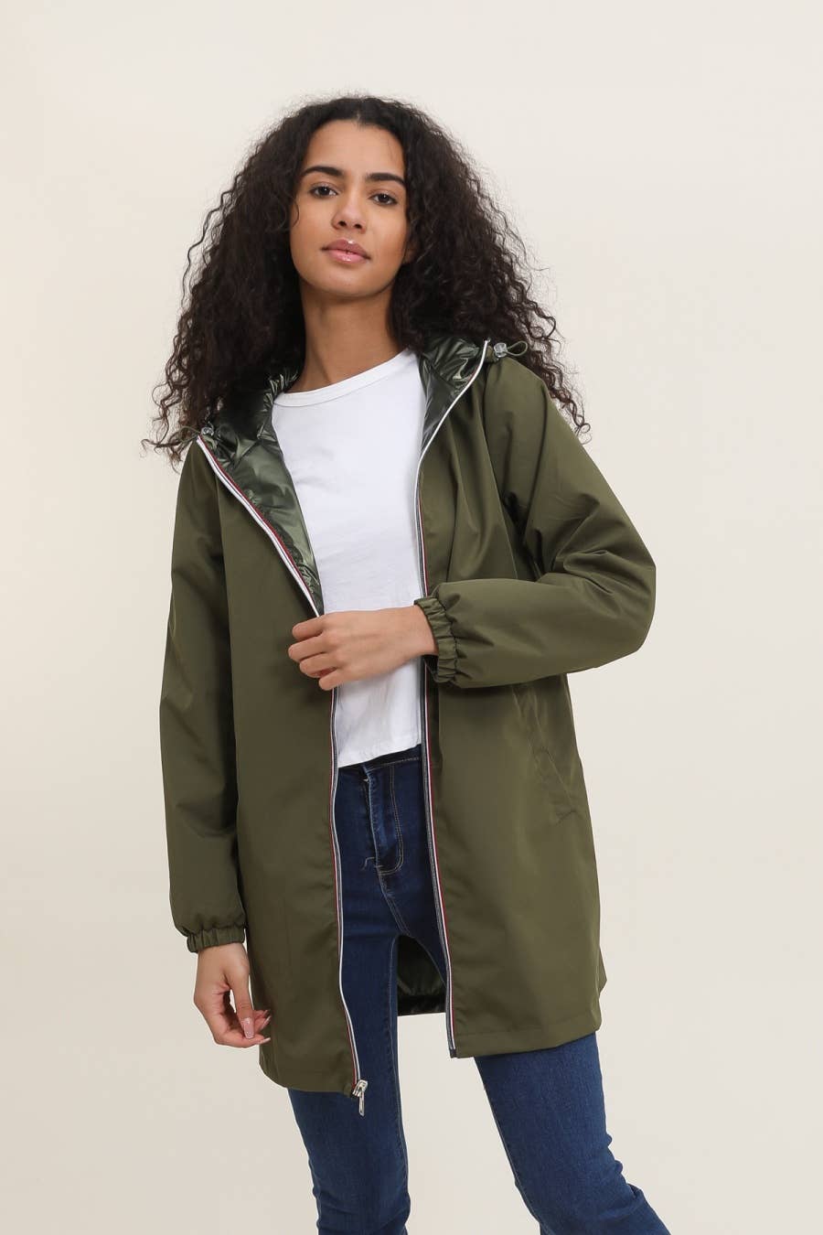 Veste coupe-vent imperméable réversible mi-longue à capuche