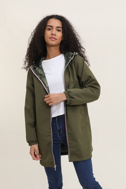 Veste coupe-vent imperméable réversible mi-longue à capuche