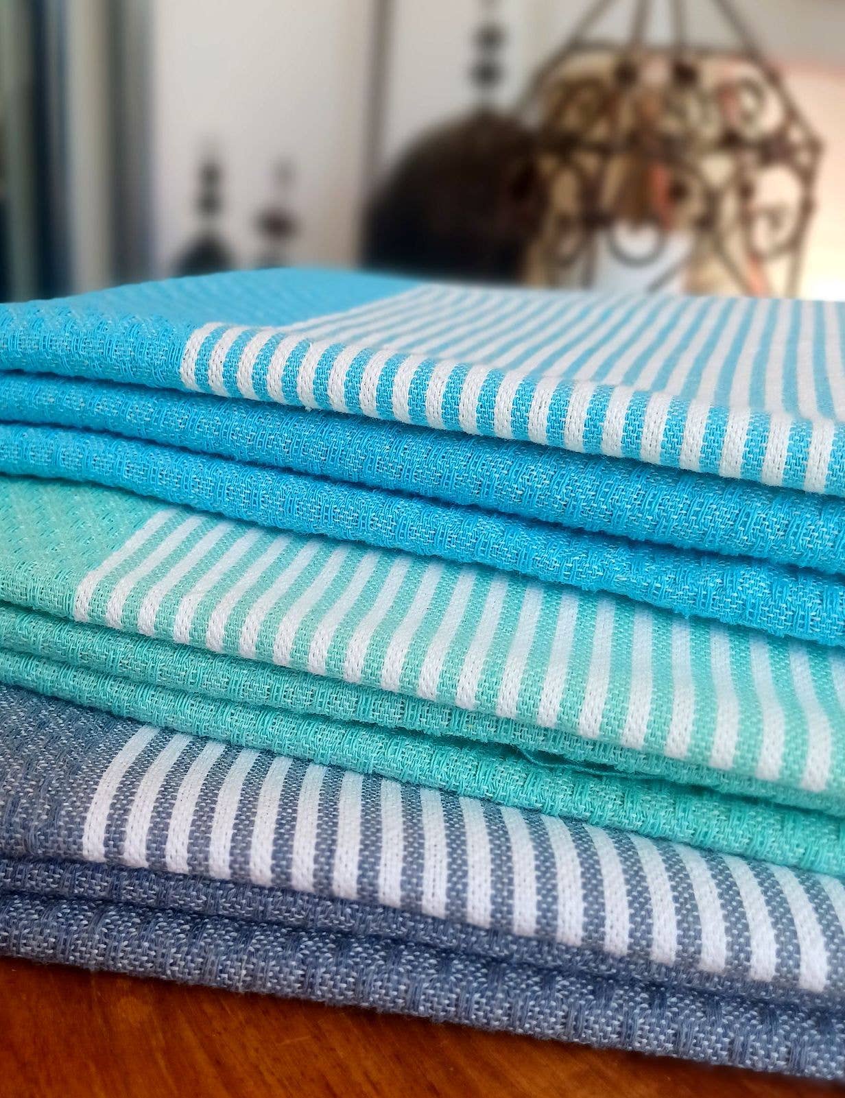 Fouta nid d'abeille Onda Bleu paon 100% coton