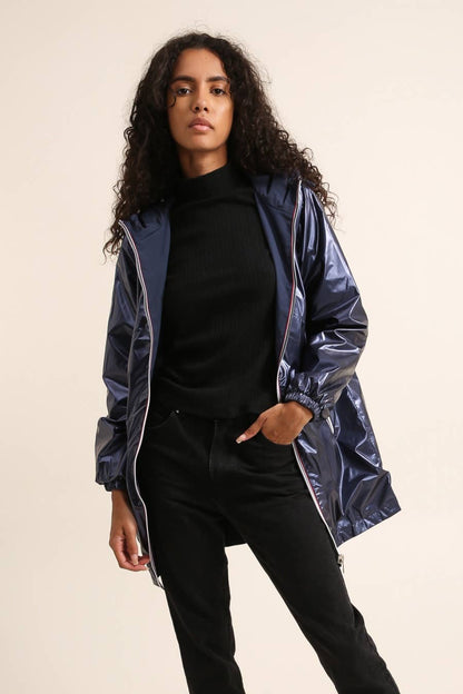 Veste coupe-vent imperméable réversible mi-longue à capuche